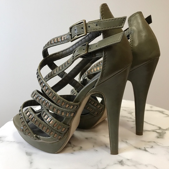 ‼️ Olive Green Open Toe Strappy Sandal Heels Tan - Picture 4 of 4